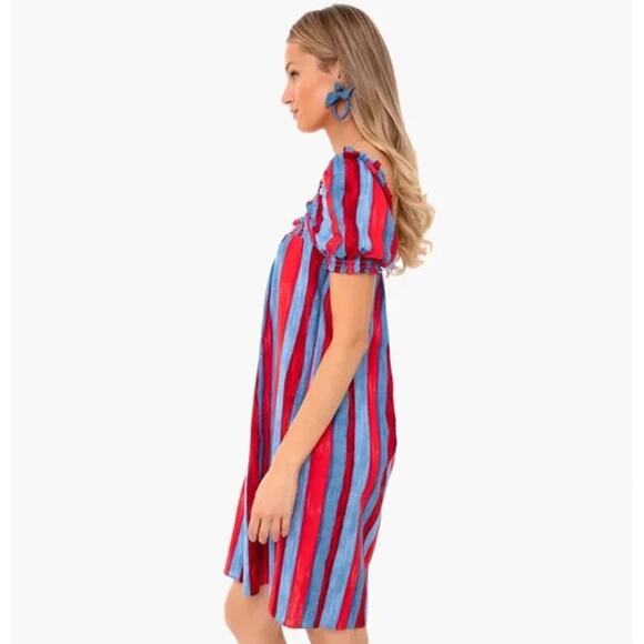 Tuckernuck Pomander Place Mini Dress Linen Blend Puff Sleeve Painterly Striped - Picture 2 of 14